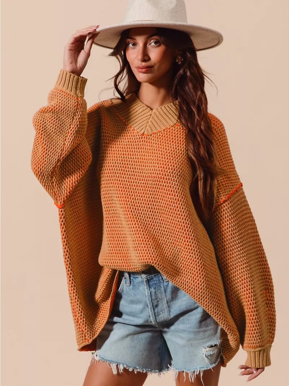 So Me Oversized V-Neck Knit Sweater in Mustard and Orange New With Tags